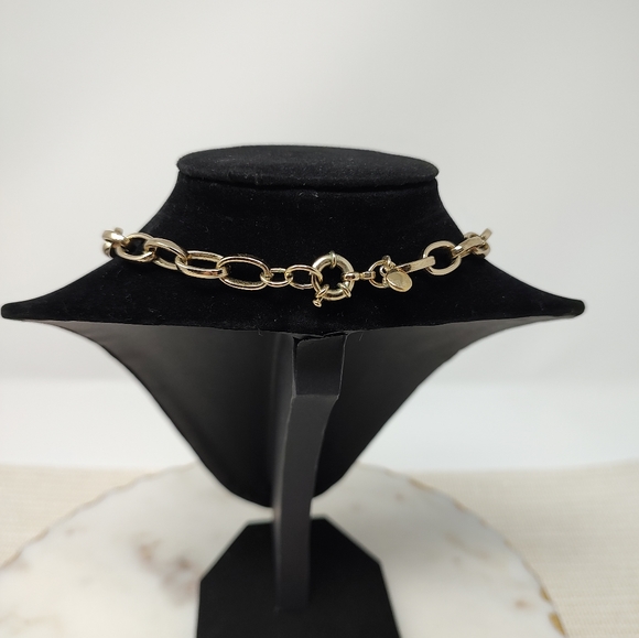 J. Crew neon coral orange rhinestone and brassy-gold chain mixed media necklace - Picture 3 of 10